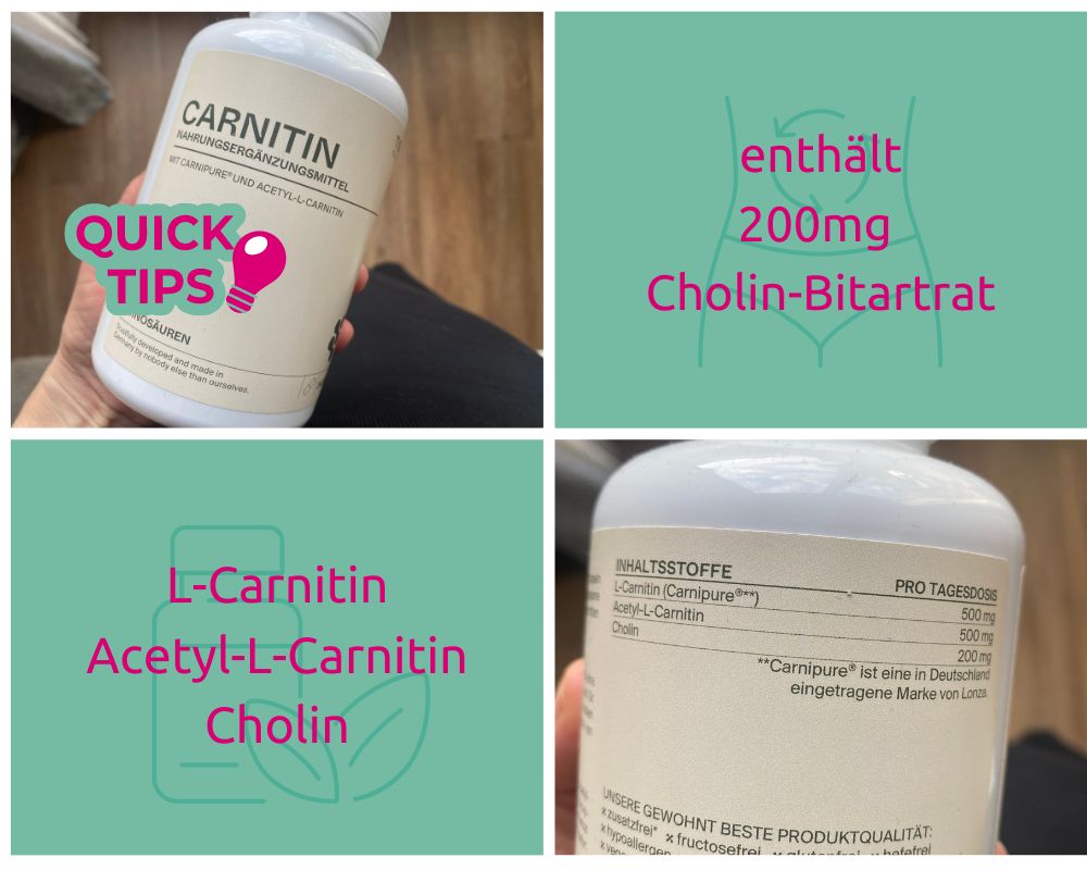 Collage mit Nahrungsergänzungsmittel für Carnitin und Cholin ein der Schwangerschaft